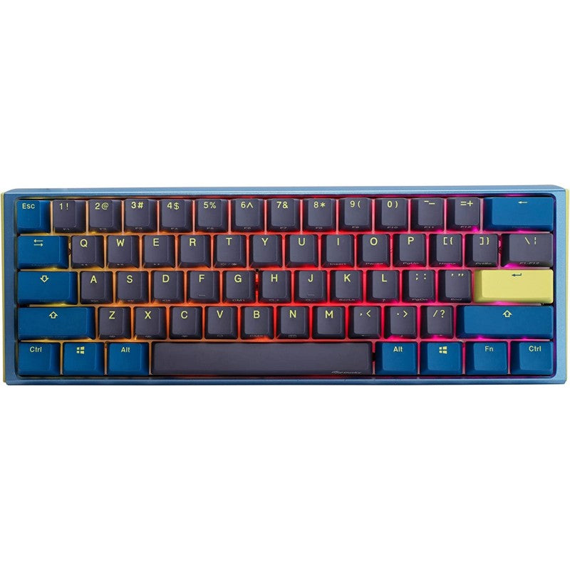 TECLADO MECANICO DUCKY ONE 3 DAYBREAK MINI TECLAS AZULES CLEAR SWITCH INGLES PBT DOBLE DISPARO SIN COSTURAS CAJA SUPERIOR AZUL CAJA INFERIOR GRIS CAJA